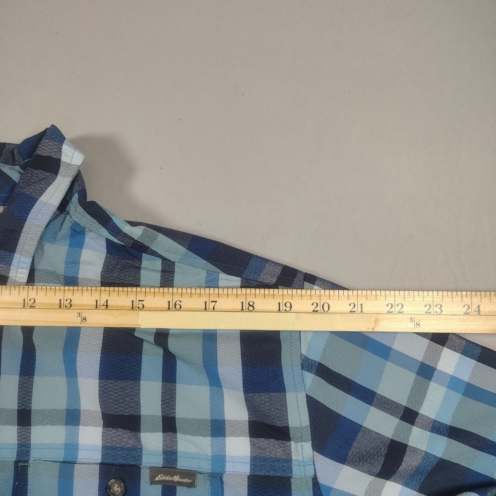 Eddie Bauer Shirt Mens 2XL Blue Classic Fit Plaid Nylon Blend Short Sleeve - Picture 9 of 12